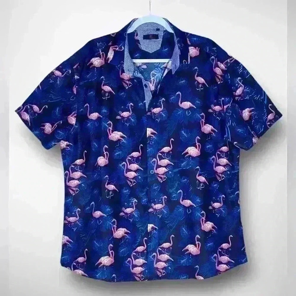 FLOCKING AMAZING FLAMINGO BUTTON UP SHIRT NAVY BC COLLECTION Size 2XL - Picture 9 of 10